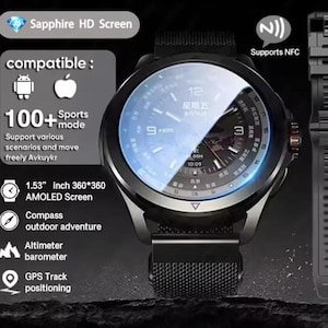 Peut inclure: Montre connectée noire avec cadran rond, écran AMOLED de 3,89 cm. Elle affiche l'heure et la date, et comprend boussole, altimètre et suivi GPS. Elle prend en charge le NFC et propose plus de 100 modes sport.
