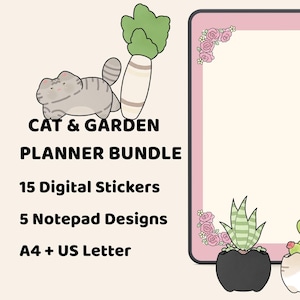 Pode incluir: Um conjunto de planejador digital com uma ilustração de gato cinza tigrado, um rabanete e uma moldura de tablet com bordas rosas e rosas nos cantos. Duas suculentas em vasos estão abaixo. Texto: CAT & GARDEN PLANNER BUNDLE, 15 Digital Stickers, 5 Notepad Designs, A4 + US Letter.