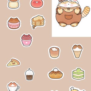 Pode incluir: Ilustração de vários adesivos de comida, incluindo um cupcake, um donut, panquecas, uma fatia de pizza e um hambúrguer. A imagem também apresenta um personagem de gato de desenho animado usando chapéu e macacão, com o texto "Boss Sebastian". O texto "Sebastian's Food" está no topo.