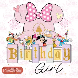 Può includere: Una grafica digitale scaricabile con una silhouette rosa di Minnie Mouse con un fiocco a pois. L'immagine include personaggi Disney che festeggiano un compleanno, le parole "Birthday Girl" e un'illustrazione del castello.