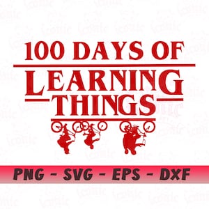 May include: Red graphic with the text "100 Days of Learning Things" above a line, with three figures on bicycles below. The bottom of the graphic has the text "PNG - SVG - EPS - DXF".