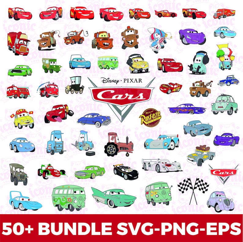 Cars Png Cliparts Bundle; Lightning Mcqueen Tow Mater Cars Characters Sublimation