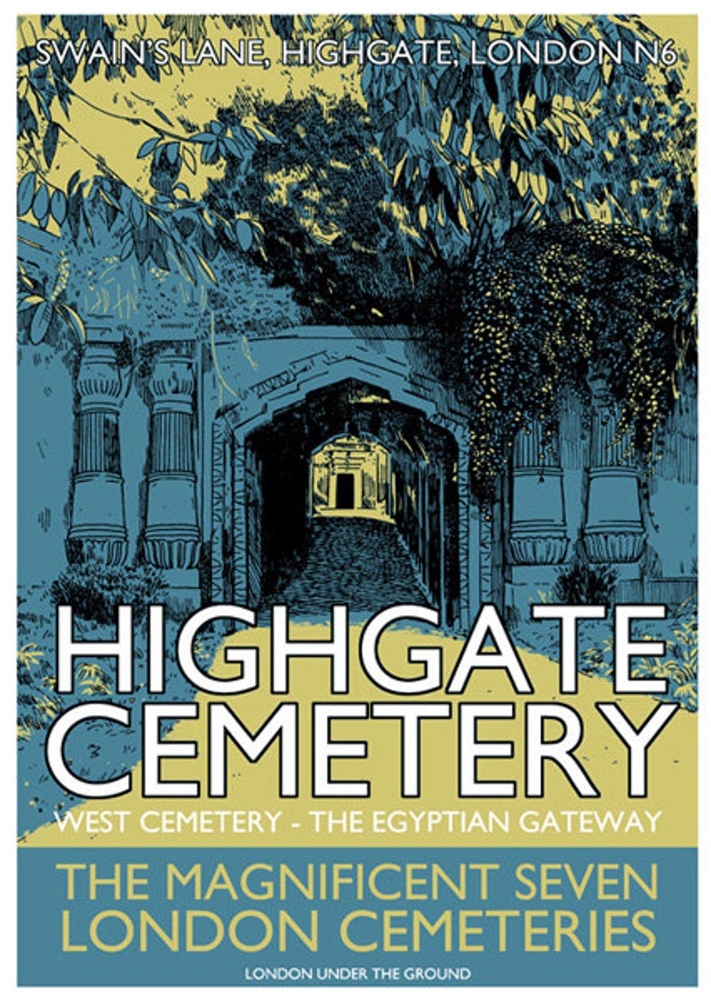 Vintage style screenprint Highgate Cemetery West image 1