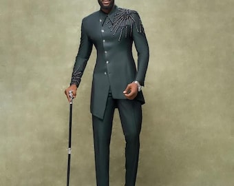 Mörkgrön skräddarsydd afrikansk kostym, herrkavaj för bröllop