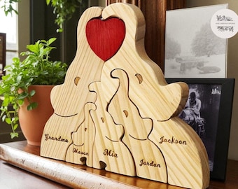Casse-tête personnalisé en bois pour la famille des éléphants · Casse-tête personnalisé avec des éléphants gravés avec des noms · Cadeau de famille pour Noël ou un anniversaire