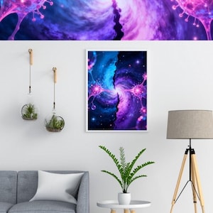 May include: Framed artwork featuring a vibrant, abstract depiction of a nebula in shades of blue, purple, and pink. The artwork is displayed on a white wall, alongside a gray sofa, a small side table, and a wooden floor lamp.