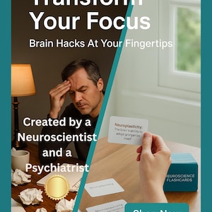 Op de afbeelding: Een advertentie voor "Neuroscience Flashcards" met de tekst "Transformeer je focus". De afbeelding toont een man met zijn hand op zijn voorhoofd en een hand die een kaart vasthoudt. De kaart leest "Neuroplasticiteit". De tekst "Shop Now" is ook zichtbaar.