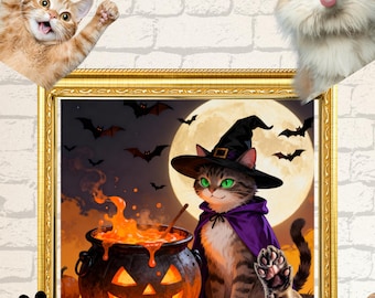 Halloween Cat Digital Art | Witch Cat with Cauldron | Printable Wall Decor
