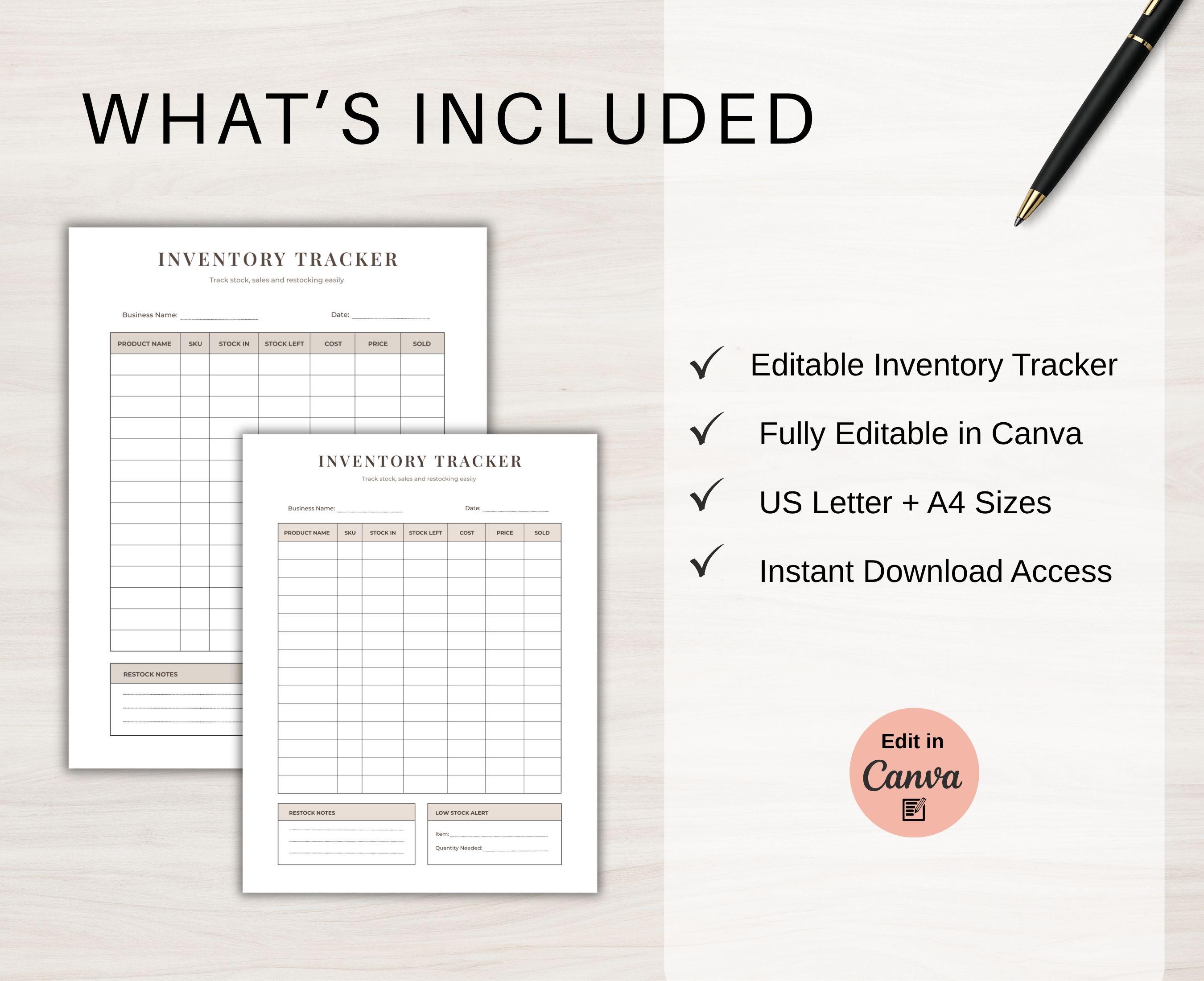 Editable Inventory Tracker Canva Template, Small Business Inventory Log ...