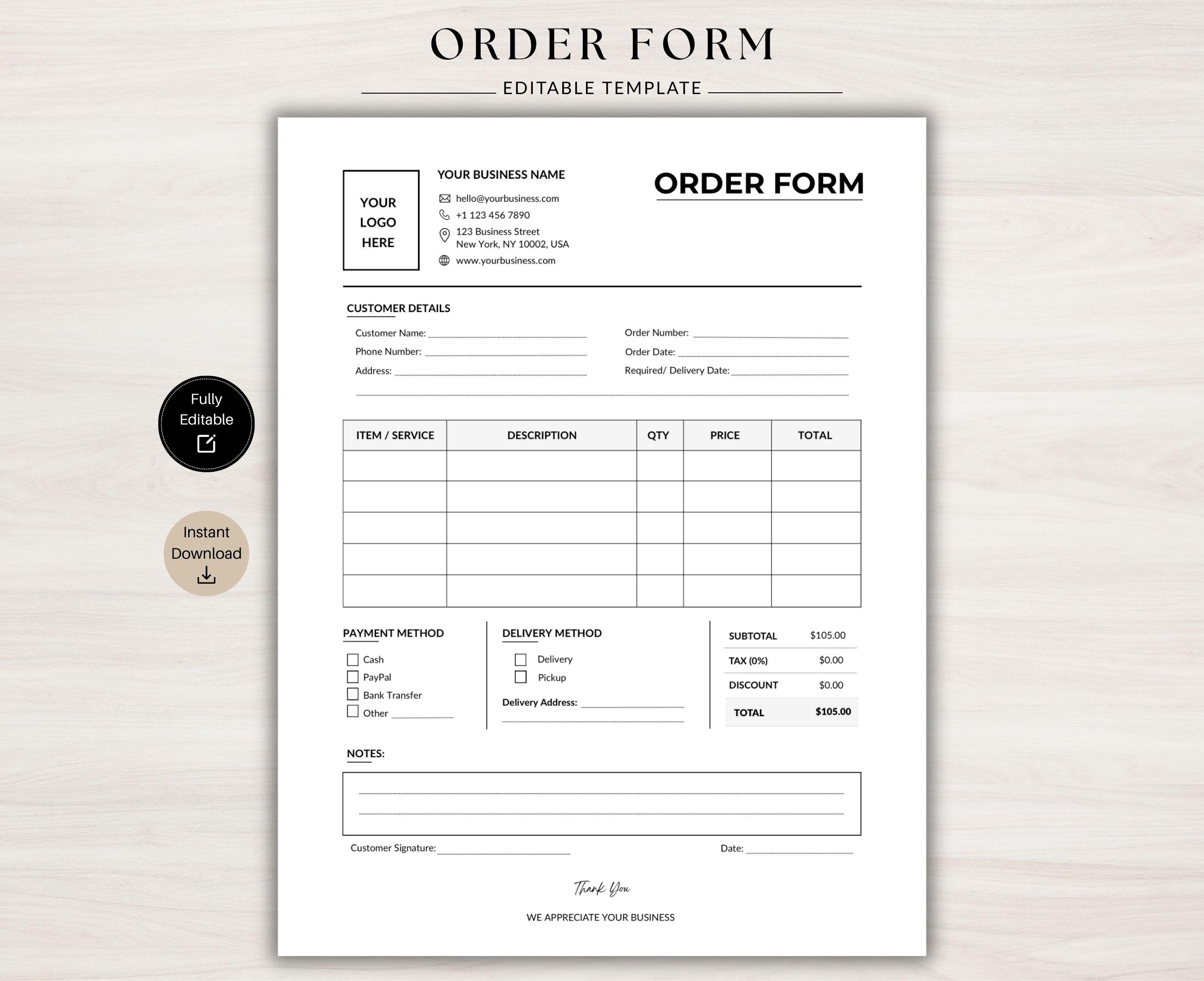 Editable Order Form Template, Canva Order Form, Printable Order Sheet ...