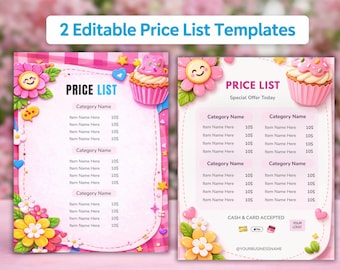 May include: Two pink price list templates with a cupcake and flower theme. The templates have the text "Price List" and "Category Name" with space for item names and prices. The text "2 Editable Price List Templates" is at the top.