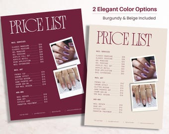 May include: Two digital price list templates for nail services in burgundy and beige. Each features the text PRICE LIST, a list of nail services, art, and add-ons with prices, and two polaroid-style photos showing manicured fingernails.