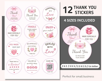 Thank You Sticker Bundle Printable, Small Business Packaging Stickers, Pink Thank You Labels, Round Sticker Sheet, Instant Download PDF