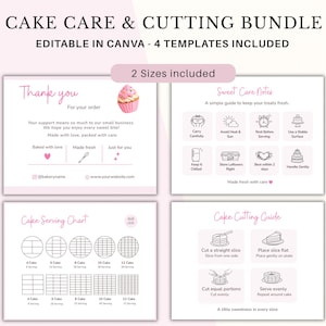 May include: A pink and white cake care and cutting bundle with four templates. The templates include a thank you card, sweet care notes, a cake serving chart, and a cake cutting guide. The text includes "Cake Care & Cutting Bundle" and "Editable in Canva".