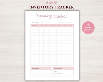 May include: A white inventory tracker template with pink accents. The document includes fields for product name, cost, and stock levels. The text "Editable" and "Inventory Tracker" are at the top. A pink circle with "Instant Download" is on the right.