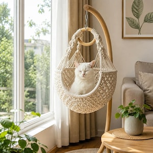 May include: A white cat sits inside a cream-colored macrame hanging basket. The basket features an intricate knotted cord pattern and is suspended from a curved wooden stand by a metal hook, creating a suspended seat for a small pet.