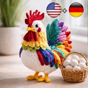 Modèle de crochet amigurumi coq réaliste PDF – Tutoriel au crochet avec les animaux de la ferme, peluche de poulet debout, conception avancée d'amigurumi