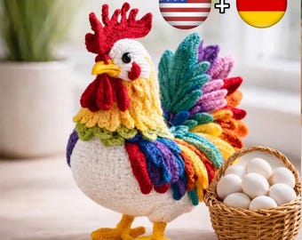Patrón de gallo amigurumi realista en PDF: tutorial de crochet de animales de granja, pollo de peluche de pie, diseño avanzado de amigurumi