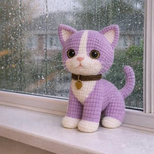 May include: A handmade crochet cat in lavender and white, with large black eyes and a pink nose. The cat wears a brown collar with a gold heart charm. It sits on a windowsill with a rainy window in the background.