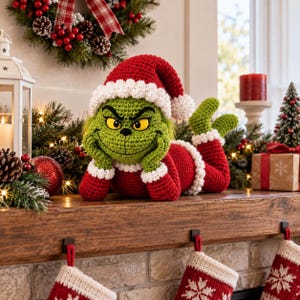 May include: A crocheted green character doll with yellow eyes and a wide grin, wearing a red and white Santa hat and matching red and white outfit. The doll is lying on its stomach with its hands propped under its chin, featuring textured yarn.