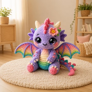 May include: A crocheted dragon toy in shades of purple, pink, and rainbow colors. The dragon has large, expressive eyes, small horns, and a flower crown. Its wings and belly feature a rainbow gradient. The toy is sitting on a cream-colored rug.
