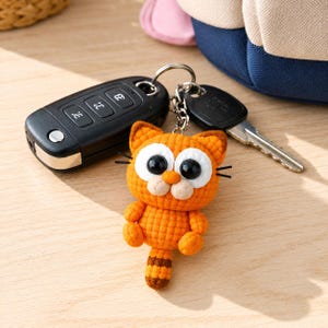 May include: An orange crochet cat keychain with large black eyes, white accents, and a striped tail. The keychain is attached to a silver keyring with a car key and a house key. The cat is standing on a wooden surface.