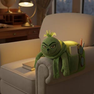 May include: A green crocheted Grinch-themed armrest organizer with a smiling face, arms, and a scarf. The organizer has pockets for items like glasses, pens, and a notepad. It is placed on the arm of a cream-colored armchair.