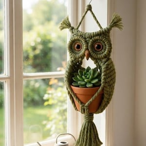 Peut inclure: Une suspension pour plante en macramé vert sauge en forme de hibou, dotée de deux grands yeux marron foncé et d'un bec pointu. Le hibou maintient un petit pot en terre cuite contenant une plante succulente verte, suspendu par un crochet en métal.