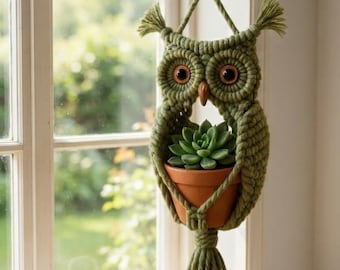 May include: A sage green macrame owl plant hanger featuring two large dark brown eyes and a pointed beak. The owl design holds a small terracotta pot containing a green succulent plant. The piece is suspended by a metal hook at the top.