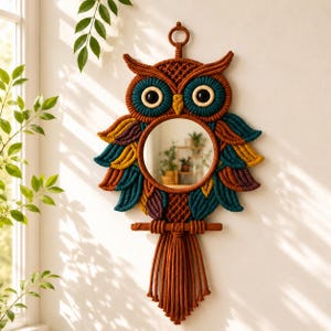 May include: A macrame owl-shaped wall mirror. The owl features a round mirror framed by a woven design in shades of brown, teal, yellow, and purple. The owl has large, round eyes and decorative wings. A hanging loop and tassel complete the design.