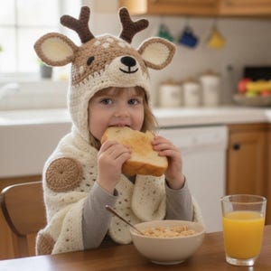 Op de afbeelding: Een kind draagt een handgemaakte gehaakte hertenmuts en cape, en eet toast. De hoed is beige met bruine vlekken en geweien. De cape is crèmekleurig met een bruine patch. Een kom ontbijtgranen en een glas sinaasappelsap staan op tafel.