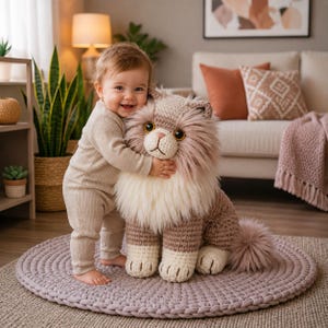 May include: A large, handmade crochet cat in shades of brown, cream, and pink, with a fluffy mane and tail. The cat is on a round, lavender rug. The cat is being hugged by a baby wearing a beige onesie.