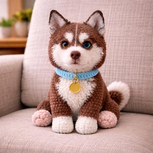 Könnte beinhalten: Handgehäkelter Husky-Hund mit braun-weißem Fell, blauem Halsband und goldenem Anhänger. Der Hund hat ein braunes und ein blaues Auge und sitzt auf einem hellen Stuhl.