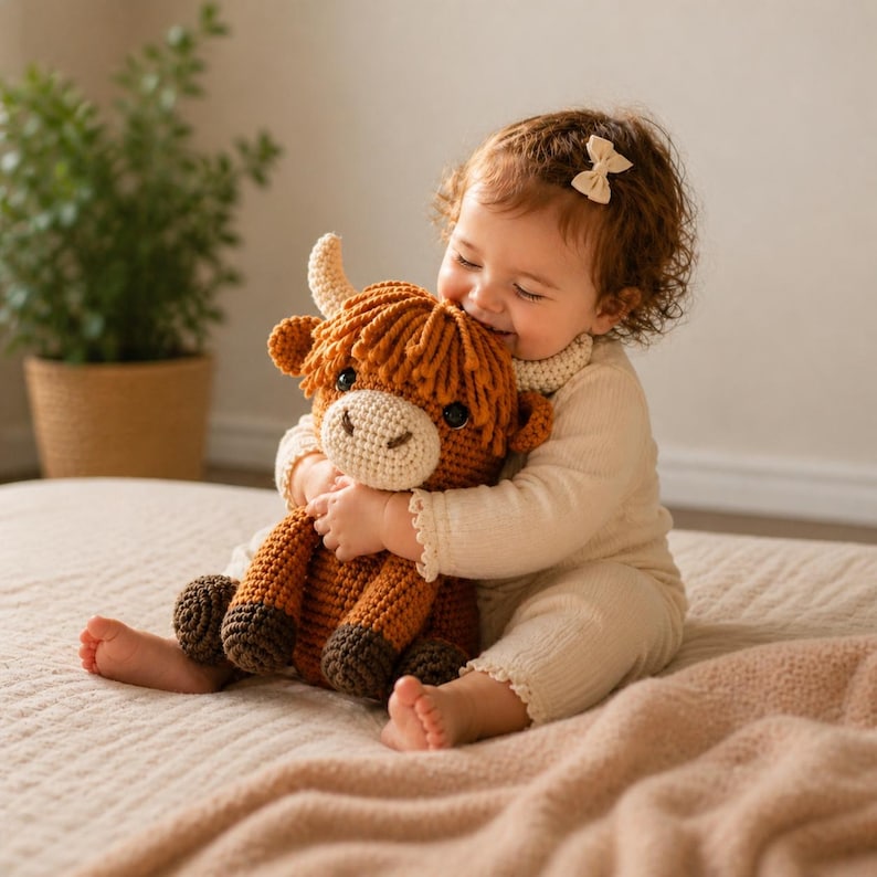 May include: A crocheted Highland cow plush toy in shades of brown and cream is being hugged. The toy has a shaggy mane, horns, and a smiling face. The plush is being held by a baby wearing a cream-colored outfit.