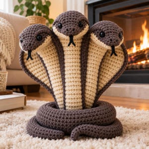 Puede incluir: Un juguete de peluche de cobra de tres cabezas hecho de hilo marrón oscuro y crema. Cada cabeza tiene ojos de seguridad negros y una pequeña lengua de ganchillo negra. La serpiente tiene una base enroscada y tres capuchas erguidas a rayas.