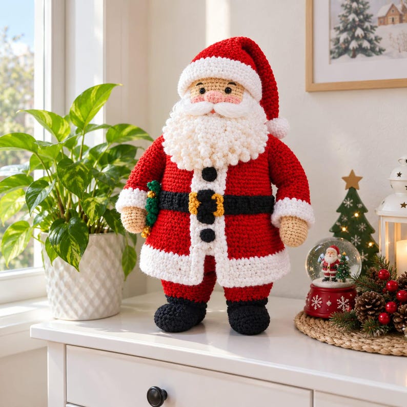 May include: A crocheted Santa Claus doll featuring a red coat with white trim, a black belt with a yellow buckle, a thick white beard, and a matching red hat. The doll has tan skin, black eyes, and black boots, standing upright as a decorative figure.
