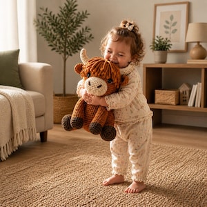 Può includere: Un peluche di mucca delle Highlands all'uncinetto nei toni del marrone, beige e crema. Il giocattolo ha una criniera folta, corna e un viso sorridente. Il peluche è tenuto da una persona che indossa un pigiama floreale.
