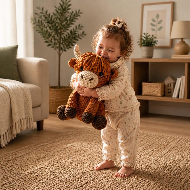 May include: A crocheted Highland cow plush toy in shades of brown, tan, and cream. The toy has a shaggy mane, horns, and a smiling face. The plush is being held by a person wearing floral pajamas.
