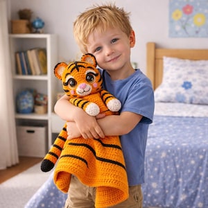 Könnte beinhalten: Eine gehäkelte Sicherheitsdecke im Tiger-Design in Orange und Schwarz, gehalten von einem Kind. Der Tiger hat große Augen, eine rosa Nase und weiße Pfoten. Die Decke hat schwarze Streifen und einen schwarzen Schwanz. Das Kind trägt ein blaues T-Shirt.
