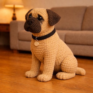 May include: A crocheted dog figurine in tan and brown. The dog has a black collar with a gold-colored tag. The dog is sitting on its haunches, with its head tilted slightly to the side.