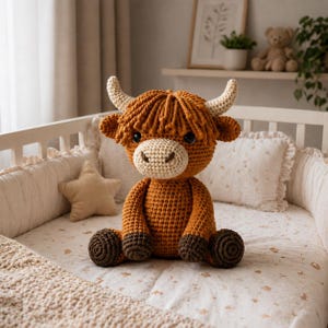 May include: A handcrafted crochet Highland cow plush toy. The plush features a brown body, dark brown hooves, and a light beige face and horns. The toy is sitting in a crib with a star-shaped pillow and a patterned blanket.