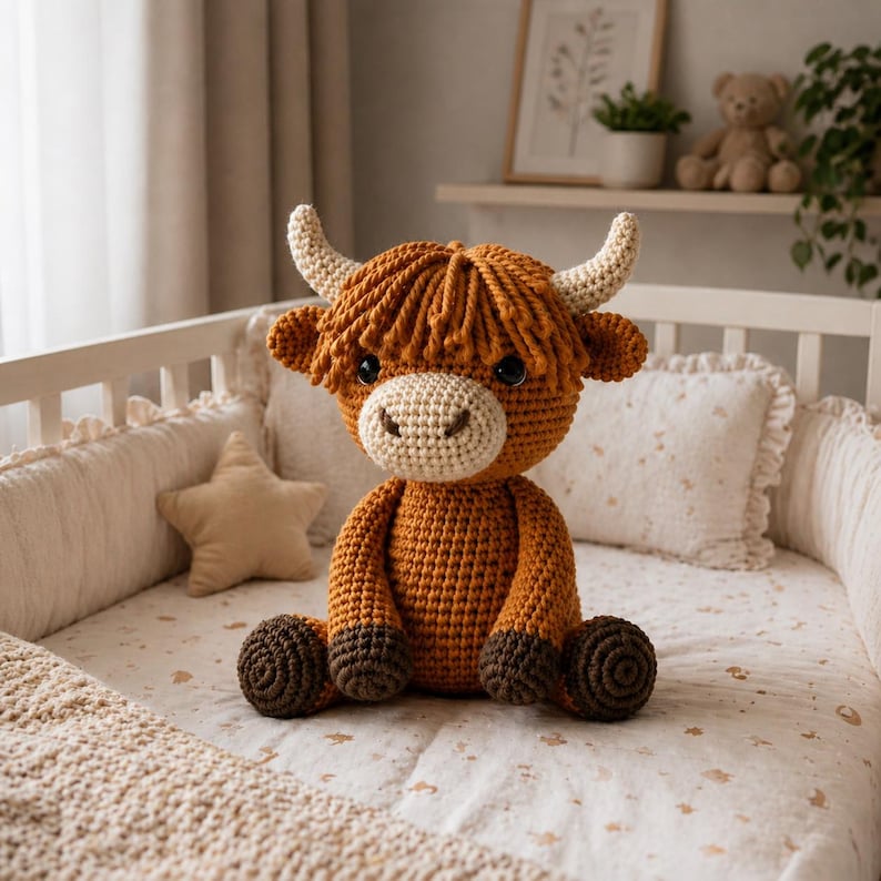 May include: A handcrafted crochet Highland cow plush toy. The plush features a brown body, dark brown hooves, and a light beige face and horns. The toy is sitting in a crib with a star-shaped pillow and a patterned blanket.