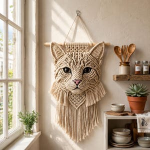 May include: A beige macrame cat wall hanging. The cat's face is intricately knotted with detailed eyes, a pink nose, and a fringed collar. The artwork is suspended from a wooden dowel and a natural fiber cord, adding a touch of bohemian decor.