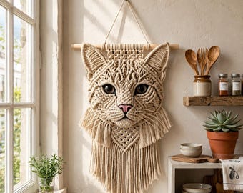 Macrame Cat Wall Hanging Pattern PDF | Boho Cat Wall Art Tutorial | DIY Animal Macrame Decor | Modern Home Digital Download