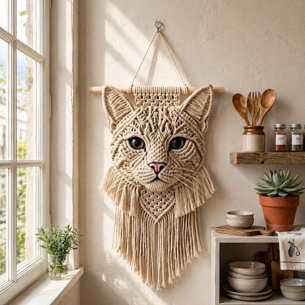 Macrame Cat Wall Hanging Pattern PDF | Boho Cat Wall Art Tutorial | DIY Animal Macrame Decor | Modern Home Digital Download
