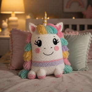 May include: A white crocheted unicorn plush toy featuring a golden horn, a multi-colored yarn mane in shades of pink, yellow, and teal, black embroidered eyes, and pink circular cheeks. The body has a light purple horizontal stripe at the base.