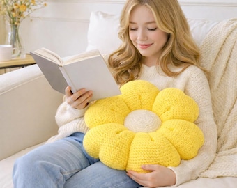 Virkmönster för 3D-blommor i PDF-format – Plyschkudde med prästkragar – Superbulkig Amigurumi-heminredning – Modern blommig plädkudde