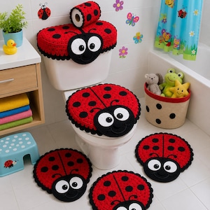 May include: A crochet bathroom set featuring a ladybug theme with red and black spotted covers for the toilet tank, lid, and floor. The set includes a matching toilet paper roll cover, a round toilet seat cover, and three circular floor rugs.
