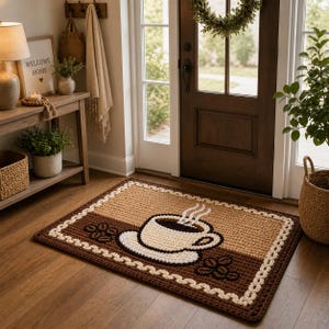 Pode incluir: Um tapete de porta retangular feito à mão com tema de café. O tapete apresenta um desenho de xícara de café com vapor, grãos de café e uma borda em tons de marrom, bege e creme. O tapete é colocado em frente a uma porta de madeira.