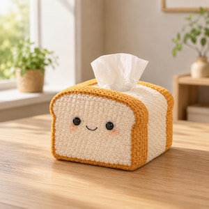Könnte beinhalten: Ein gehäkelter Taschentuchbox-Bezug in Form einer Brotscheibe mit einem lächelnden Gesicht und Rouge. Das Brot hat eine weiße Mitte und eine goldbraune Kruste. Weiße Taschentücher ragen aus der Oberseite heraus.